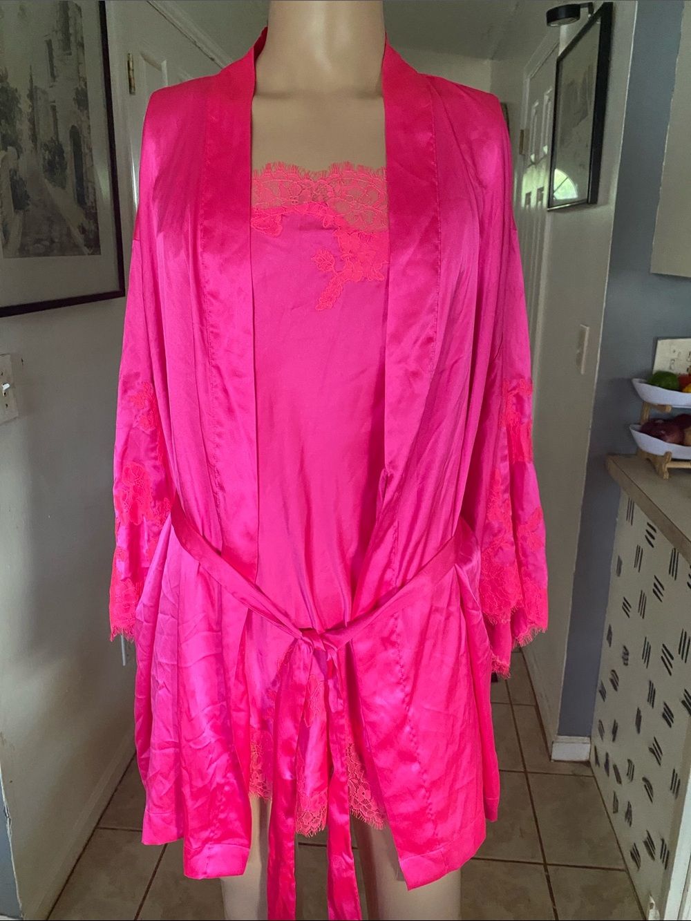 Victoria's Secret Vibrant Hot Pink Satin Robe & Chemise Set